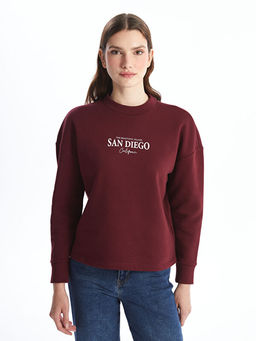 Bisiklet Yaka Bask?l? Oversize Kad?n Kal?n Sweatshirt