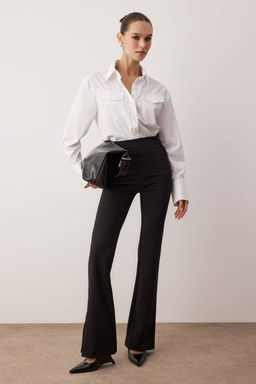 Siyah Wide Leg/Genis Paca Esnek Kal?n Orme Pantolon TWOAW26PL00073