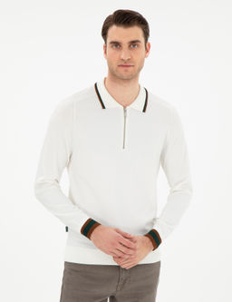 Ekru Slim Fit Fermuarl_ Polo Yaka Kazak