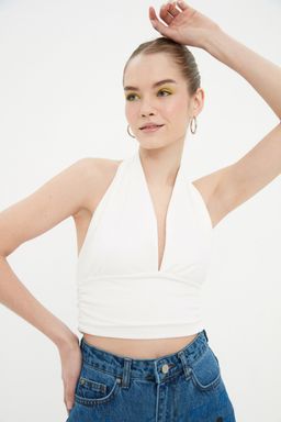 Ekru Boyundan Baglamal? Fitted/Vucuda Oturan Crop Orme Bluz TWOSS22BZ0544