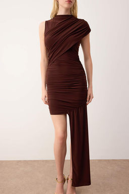 Kahverengi Duz Orme Sandy K?sa / Mini Astars?z S?k/Gece Elbise TPRSS25EL00324 - Trendyolmilla фото 3