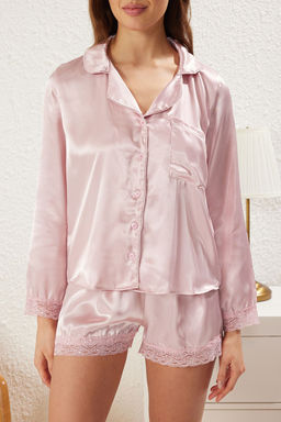 Trendyolmilla Pembe Dantel Detayl? Saten Sortlu Dokuma Pijama Tak?m? THMSS25PT00129  фото 3