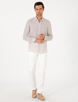 Bej Regular Fit Kareli %100 Keten G_mlek
