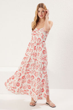 Mavi Bask?l? Havuz Yaka Ask?l? Skater/Belden Ac?lan Esnek Maxi Orme Elbise TWOSS25EL00527 - Trendyolmilla фото 6