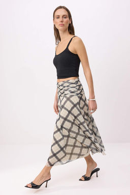 Ekru Maxi Buzgu/Drape Detayl? Boho/Boho Chic Baskl?l? Tul Esnek Orme Etek TWOAW26ET00122