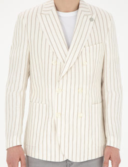 Ekru Slim Fit _izgili Keten Kruvaze Ceket