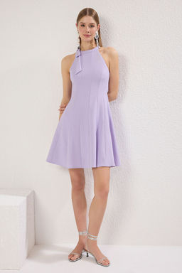 Lila Duz Etegi Belden Ac?lan Baglama Detayl? Mini Dokuma Elbise TWOSS25EL00245