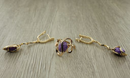 Комплект "Чара-24", чароит, покрытие под золото, размеры кольца: 17, 18, 19, 20