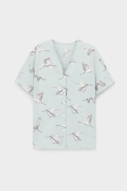 Е 20153/туманный голубой, журавли пижама жен (рубашка ночная, брюки)