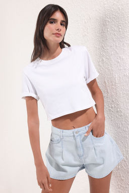 Trendyolmilla Ac?k Mavi Pileli Yuksek Bel Mini Denim Sort TWOSS25SR00152  фото 2