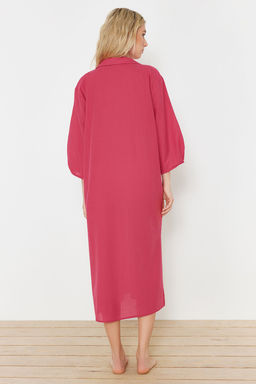 Fusya Dokuma Y?rtmacl? %100 Pamuk Plaj Midi Elbise TBESS22EL0009