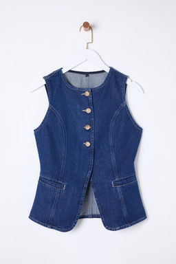 TRENDYOLMILLA Koyu Mavi Gold Dugmeli Dikis Detayl? Denim Yelek TWOSS25YE00001  фото 6