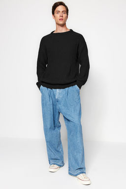 Siyah Oversize Couple/Cift Bisiklet Yaka Duz Triko Kazak TMNAW23KZ00189