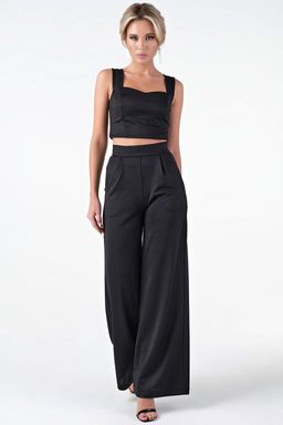 Брюки трикотажные широкие длинные с высокой посадкой черные