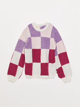 Bisiklet Yaka Ekose Uzun Kollu K?z ?ocuk Triko Kazak