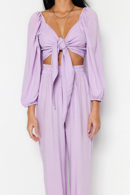Plaj Giyim Lila Dokuma Baglama Detayl? Bluz-Pantolon Tak?m TBESS23AU00072 - Trendyolmilla фото 3