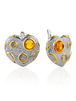 Романтичные серьги из серебра с золочением и натурального янтаря Сердце