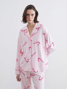 G?mlek Yaka Bask?l? Kad?n Pijama Tak?m?