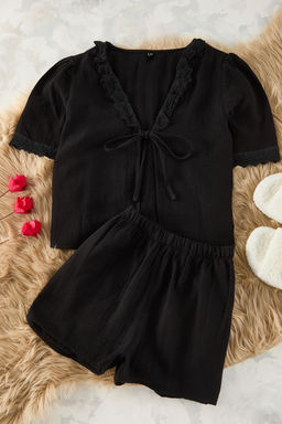 Trendyolmilla Pembe %100 Pamuklu Brodeli Baglama Detayl? Muslin Sortlu Dokuma Pijama Tak?m? THMSS25PT00029  фото 5