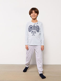 Bisiklet Yaka Bask?l? Uzun Kollu Erkek ?ocuk Pijama Tak?m?