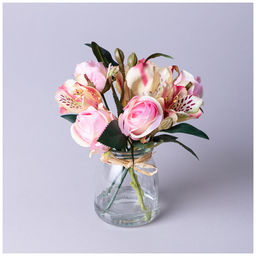 БУКЕТ ИСКУССТВЕННЫХ ЦВЕТОВ В КРУГЛОЙ ВАЗЕ ВЫСОТА= 16СМ