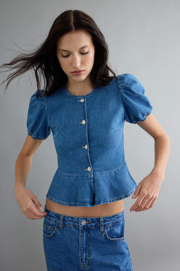 Mavi Balon Kollu D__me Detayl_ Peplum Denim Bluz TWOAW27BZ00037
