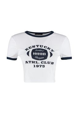 Beyaz %100 Pamuk Slogan Bask?l? Fitted/Vucuda Oturan Crop Bisiklet Yaka Orme T-Shirt TWOSS23TS00100