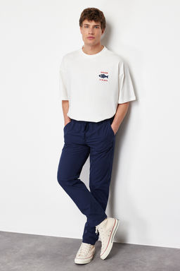 Lacivert Relaxed Fit Lastikli Beli Baglamal? Yazl?k %100 Pamuk Yumusak Keten Pantolon TMNSS24PL00002 - Trendyolmilla фото 2