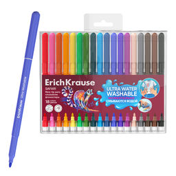 АКЦИЯ Цена за 12 шт. Фломастеры ErichKrause Safari Ultra Washable 18 цветов (в футляре с европодвесом 18 шт)