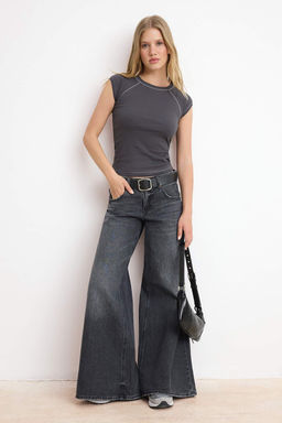 Antrasit Fitted/Vucuda Oturan Reglan Kol K?sa Kollu Ribana/Kaskorse Orme Bluz TWOSS26BZ00618