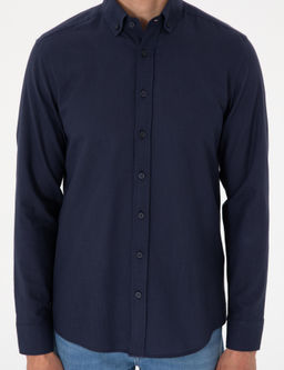 Koyu Lacivert Keten G_r_n_ml_ Slim Fit Uzun Kollu G_mlek
