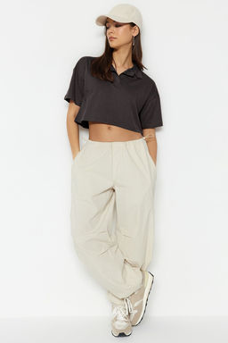 Antrasit %100 Kal?n Pamuklu Relaxed/Rahat Kal?p Crop Polo Yaka Orme T-Shirt TWOSS22TS0241