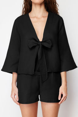 Trendyolmilla Mavi %100 Pamuklu Baglama/Kurdele/Fiyonk Detayl? Muslin Sortlu Dokuma Pijama Tak?m? THMSS24PT00077 фото 18