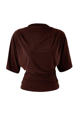 Kahverengi Fitted/Vucuda Oturan Kay?k Yaka Yarasa Kol K?sa Kollu Esnek Orme Bluz TWOSS26BZ00020