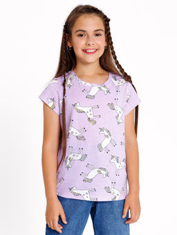 Футболка для девочек сиреневая с принтом единороги