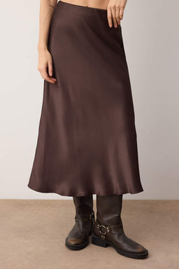 Kahverengi Saten A-line/Can Kesim Midi Etek TWOAW26ET00163