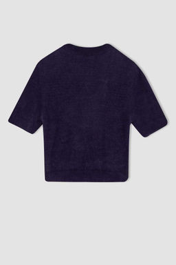 Плюшевый свитер с короткими рукавами и короткими рукавами с круглым вырезом и принтом звезд - Defacto фото 8