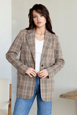 Песочный жакет клетка в стиле оверсайз