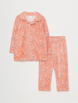 Polo Yaka Uzun Kollu Bask?l? Polar K?z Bebek Pijama Tak?m