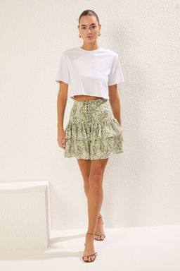 Haki Etnik Desenli Korse Detayl? F?rf?rl? Baglamal? Mini Boy Dokuma Etek TWOSS25ET00031