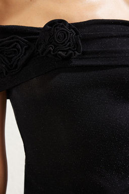 Trendyolmilla Siyah Gul Detayl? Par?lt?l? Simli Orme Bluz TPRSS25BZ00011 фото 4