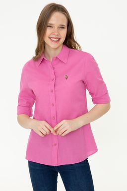 U. S. Polo Assn Женская розовая базовая рубашка из льна с длинным рукавом