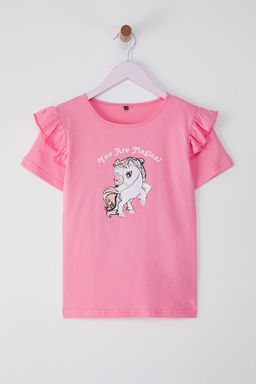 Sar? K?z Cocuk %100 Pamuk Flamingo Bask?l? K?sa Kol Orme T-Shirt TKDSS25TS00061