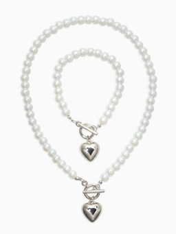 Набор 2 пред-та: бусы.браслет "Жемчуг", сердце, цвет белый в серебре L=18/42см №8