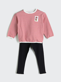 Bisiklet Yaka Minnie Mouse Bask?l? K?z Bebek Sweatshirt ve Tayt 2li