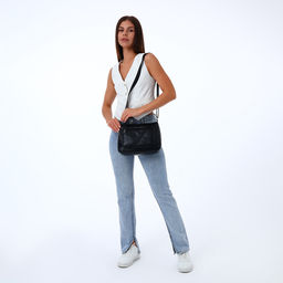 Сумка кросс-боди женская, большого размера, на молнии, 28×10×20 см, чёрная