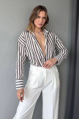 Kahverengi Bej Cizgili Oversize Gomlek TWOAW26GO00093 - Trendyolmilla фото 14