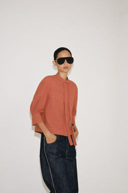 CAMISA LAZADA CON LINO ZW COLLECTION / Naranja quemado - Zara фото 4