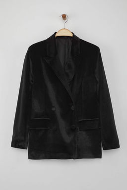 Siyah Kruvaze Regular/Normal Kal?p Dokuma Kadife Blazer Ceket TWOAW26BC00015