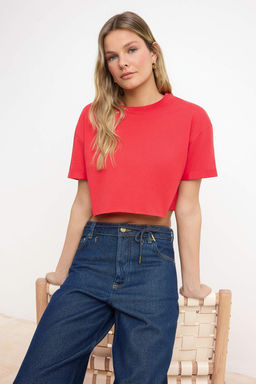 Ekru Boxy Dusuk Kol K?sa Kollu %100 Pamuk Orme T-Shirt TWOSS26TS00183 - Trendyolmilla фото 7